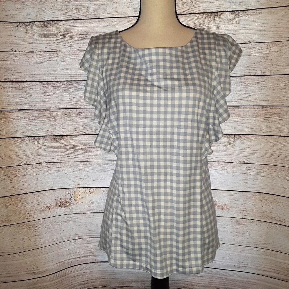 Ann Taylor Light Blue & White Gingham Flutter Slv.